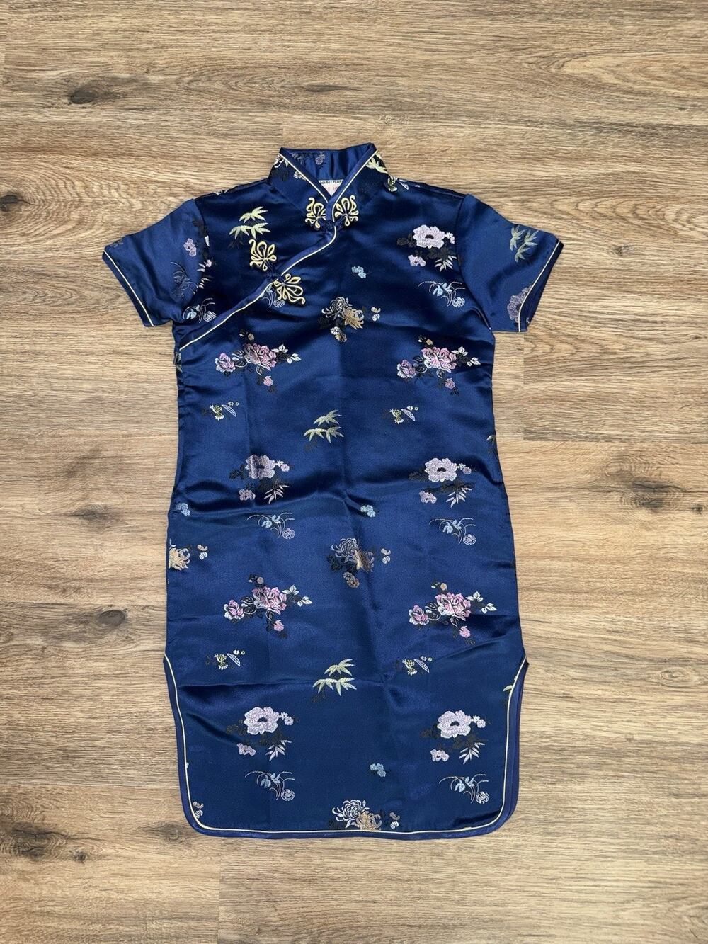 Girls Double Peach Blue Satin Qipao Dress Size 8 Chinese Cheongsam Floral Vtg